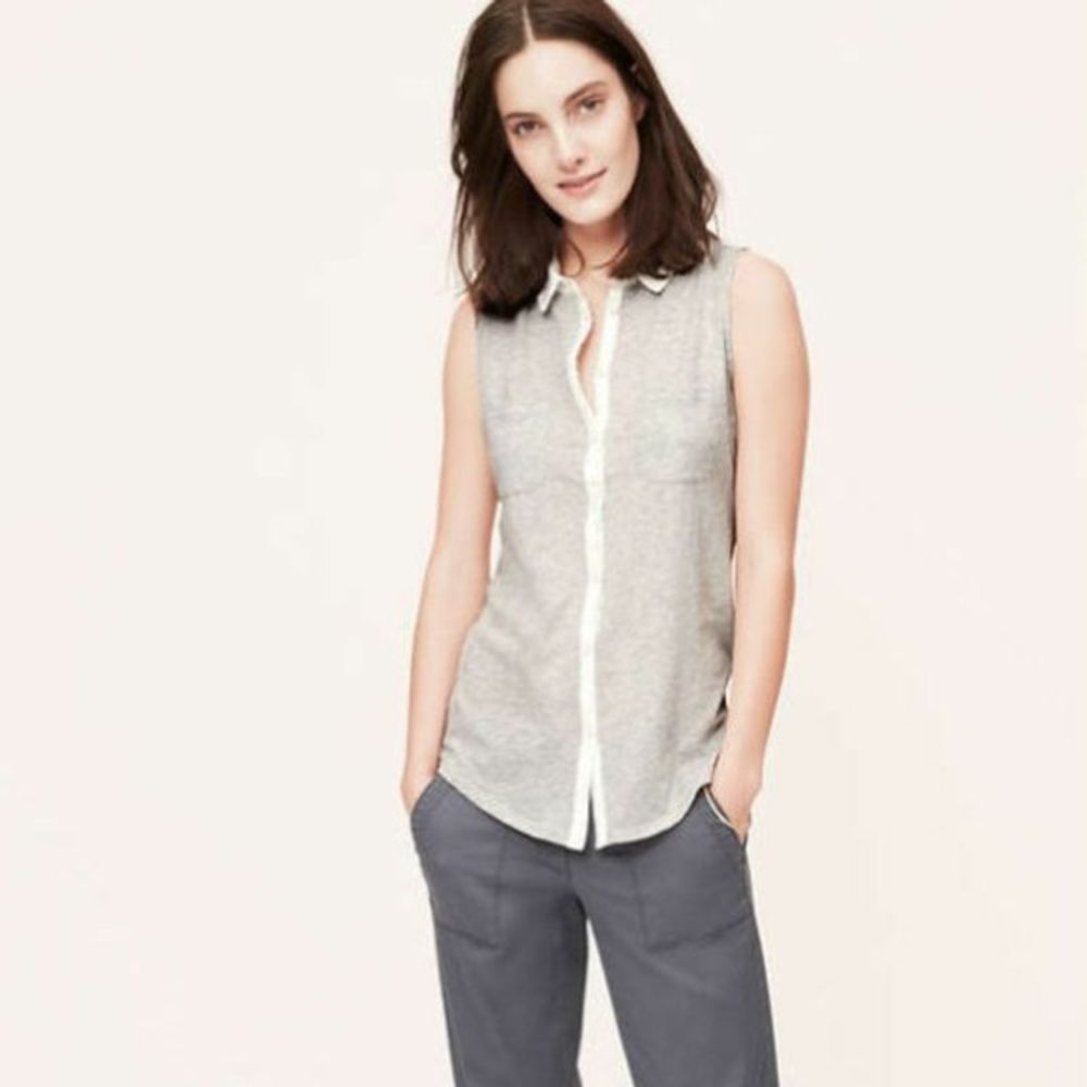 Loft Gray & White Collared Button Down Top - image 1